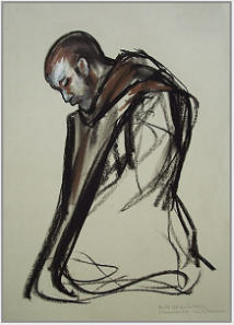 Drawing by Stanley Roseman, "Brother Ole kneeling in Prayer," 1997, St. Adelbert Abbey, The Netherlands, chalks on paper, Collection of St. Adelbert Abbey.  Stanley Roseman.
