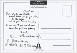 Postcard from the Camaldolese nuns of Casa Emmaus, Tuscany, to Stanley Roseman and Ronald Davis, 1999.