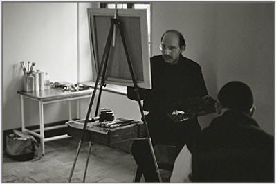 Stanley Roseman painting in his studio at the Abbey of La Trappe, 2002.  Photo by Ronald Davis