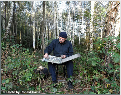Stanley Roseman drawing in a grove of birches, France, 2012.  Photo by Ronald Davis