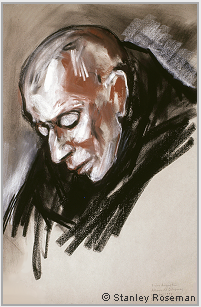 Drawing by Stanley Roseman, "Portrait of Frre Augustin in Prayer," 1998, Abbey of Solesmes, France, chalks on paper, Private collection, Geneva.  Stanley Roseman.