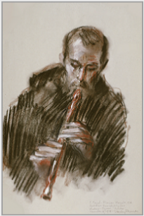 Drawing by Stanley Roseman, "Brother Florian playing the Recorder, 1978, Tyniec Abbey, Poland, chalks on paper, Private collection, Switzerland.  Stanley Roseman. 