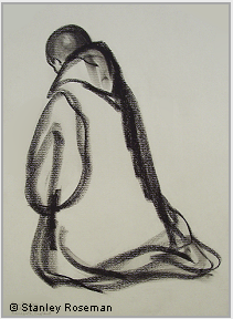 Drawing by Stanley Roseman, "Dom Damian, A Benedictine Monk Kneeling in Prayer, 1980, St. Augustines Abbey, Kent, England, chalks on paper, Private collection.  Stanley Roseman.