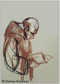 Drawing by Stanley Roseman, "Brother Hugh at Vespers," 1999, Elmore Abbey, England, chalks on paper. Private collection.  Stanley Roseman