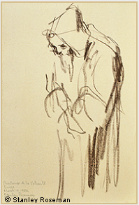 Drawing by Stanley Roseman, A Carthusian Monk at Vigils, 1982, Chartreuse de la Valsainte, Switzerland, chalks on paper, Muse Ingres, Montauban.  Stanley Roseman.
