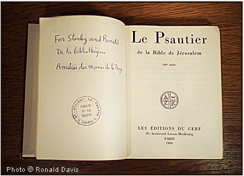 A copy of the Book of Psalms dedicated in friendship by Frre Benot, librarian, on behalf of the monks of the Abbey of La Trappe to Stanley Roseman and Ronald Davis. Photo  Ronald Davis. 