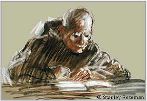 Drawing by Stanley Roseman, Brother Adelbert absorbed in Reading,1978, St. Adelbert Abbey, the Netherlands, chalks on paper, Private collection, Holland.  Stanley Roseman