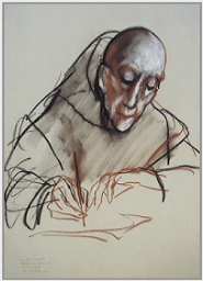 Drawing by Stanley Roseman, Dom Jean Mallet at his Desk, 1979, Abbey of Solesmes, France, chalks on paper, Private collection.  Stanley Roseman
