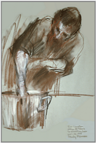 Drawing by Stanley Roseman, Brother Christian in the Kitchen, 1979, Abbey of Fleury, France, chalks on paper, John Davis Hatch Collection.  Stanley Roseman