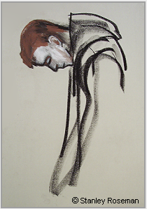 Drawing by Stanley Roseman, "Dom Simon at Vespers," 1999, Elmore Abbey, England, chalks on paper. Collection of the artist.  Stanley Roseman