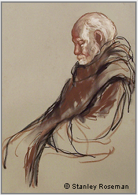 Drawing by Stanley Roseman, "Abbot Godfrey in Prayer," 1984, Nashdom Abbey, England, chalks on paper. Private Collection.  Stanley Roseman