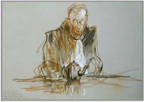 Drawing by Stanley Roseman, "Father Gregory at Tea, 1980, St. Augustines Abbey, Kent, England, chalks on paper, Muse des Beaux-Arts, Rouen.  Stanley Roseman.
