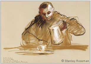 Drawing by Stanley Roseman, Brother Andrew in the Refectory, 1980, Farnborough Abbey, England, chalks on paper, Muse des Beaux-Arts, Bordeaux.  Stanley Roseman.
