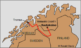 Detail of map showing the route in Lappland that Roseman and Davis traveled from the coastal town of Tromso to the rural township of Kautokeino, where Roseman painted portraits of the nomadic Saami people, 1976.