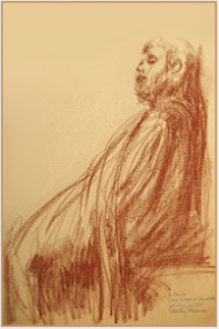 Drawing by Stanley Roseman, "The Young Hermit Monk Paolo in Choir," 1979, Sacro Eremo di Camaldoli, Italy, chalks on paper, Muses Royaux des Beaux-Arts de Belgique  Art Moderne, Brussels.  Stanley Roseman.