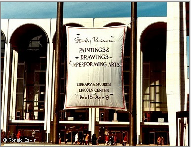 Lincoln Center Plaza with the banner announcing the exhibition "Stanley Roseman - The Performing Arts in America" at the Library and Museum for the Performing Arts, Lincoln Center, New York City, 1977.  Photo Stanley Roseman and Ronald Davis