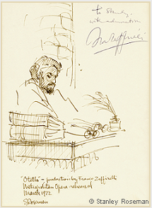Drawing by Stanley Roseman of James McCracken as Otello in Zeffirelli's production "Otello," Metropolitan Opera, 1972. Autographed and inscribed, "To Stanley, with admiration, Franco Zeffirelli." Collection of the artist.  Stanley Roseman
