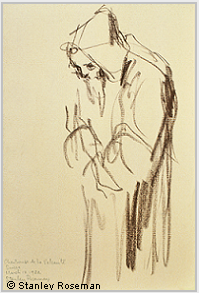 Drawing by Stanley Roseman, "A Carthusian Monk at Vigils, 1982, Chartreuse de la Valsainte, Switzerland, bistre chalk on paper, Muse Ingres, Montauban.  Stanley Roseman.