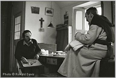 Photo of Stanley Roseman drawing Brother Michael, the tailor, in his workroom at Mount Melleray Abbey, County Waterford, Ireland, 1983.  Photo Ronald Davis